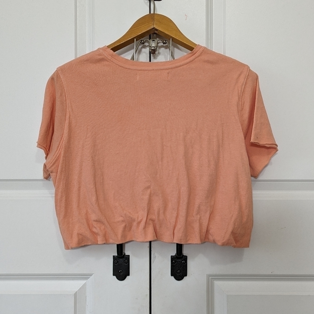 Free People T-Shirt Women's Small Pink Peach Crop Top Elastic Hem Cotton Loose  - Picture 3 of 6